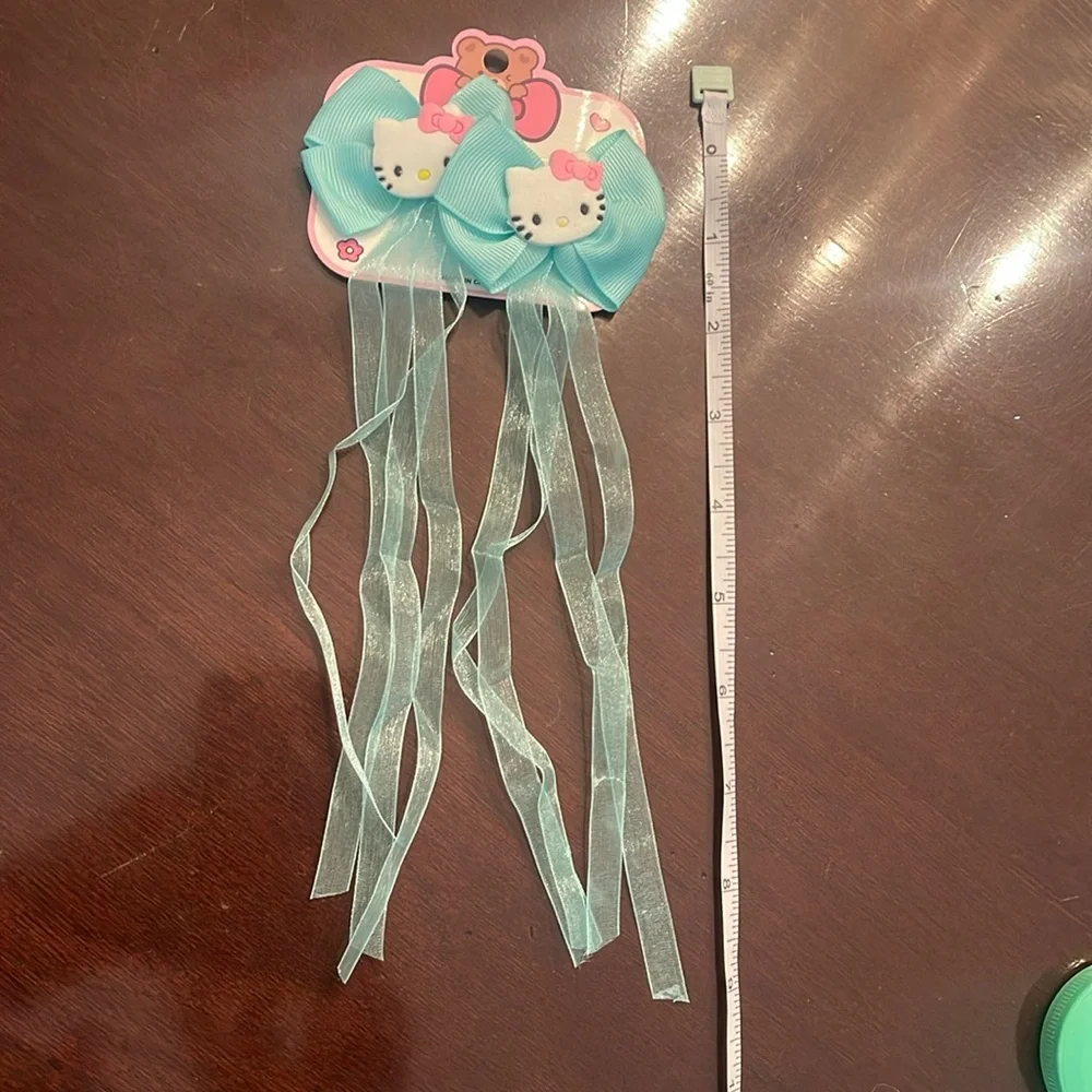 Hello Kitty mint green Hair Bows set of two clips with streaming ribbon nwt